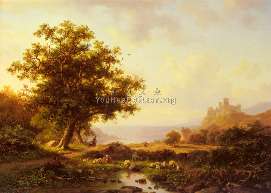 An Extensive River Landscape With A Castle On A Hill Beyond - 弗雷德里克·马里亚努斯·克鲁斯曼